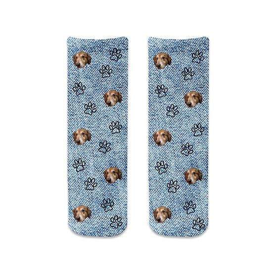 Cute animal face photo socks custom printed on blue denim background and personalized using your own photo faces cropped in and printed all over the cotton crew socks make a unique gift idea.
