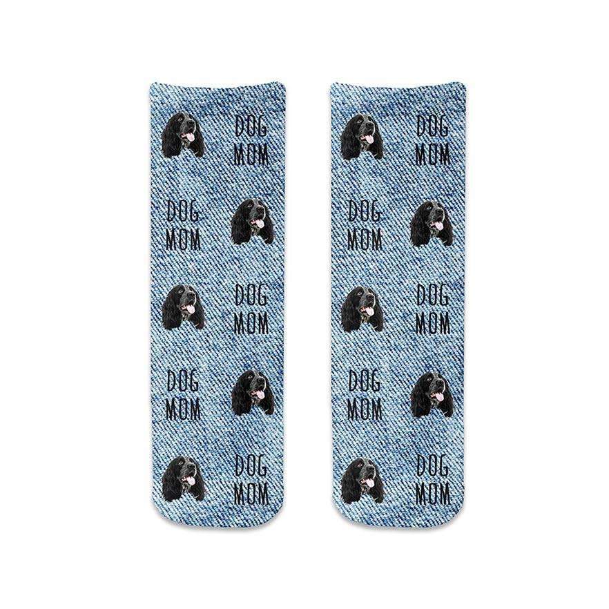 Cute denim printed cotton crews socks with dog mom design personalized using your own photo we crop the image and digitally print on the socks.