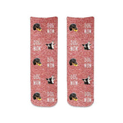 Cute red granular background printed on cotton crew socks personalized using your own photo face cropped in and digitally printed all over in the design make the perfect gift for Christmas.