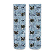 Amazing blue denim background print with the text bubble saying meow coming out of your own provided photo we digitally print on cotton crew socks.