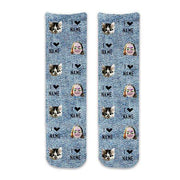 Fun photo socks digitally printed using pets and faces cropped into the design and printed all over with a blue denim background on cotton crew socks make a great gift for any celebration or just because!