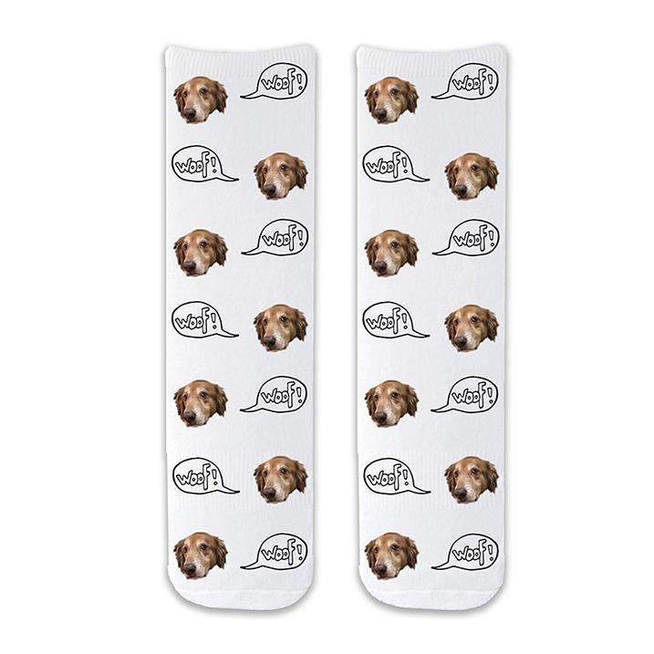 Cute dog face photo socks custom printed on white background and personalized using your own photo faces cropped in and printed all over the cotton crew socks make a unique gift idea.