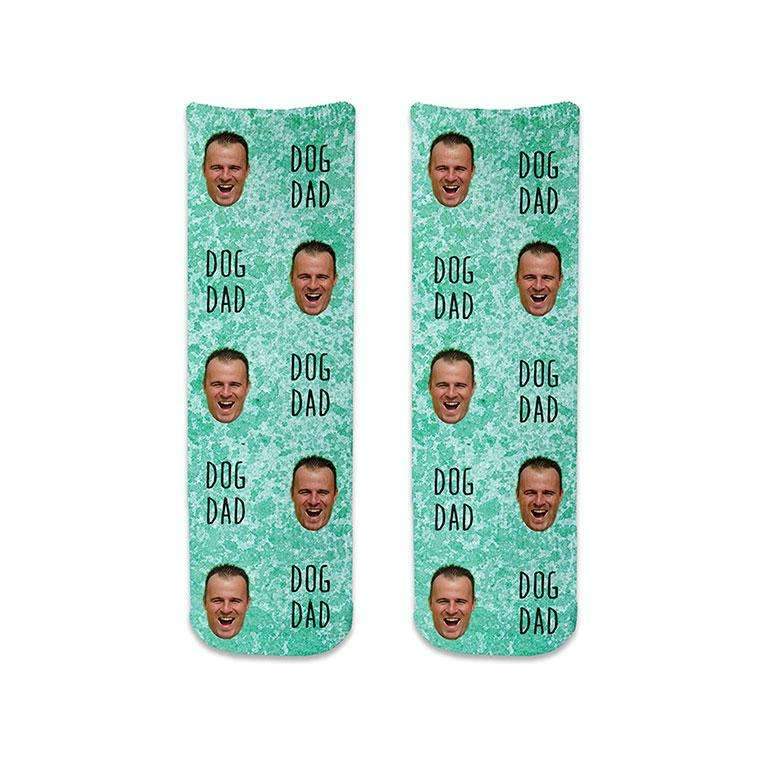 Fun photo face socks for a dog dad digitally printed cotton crew socks personalized with your dog's photo on a turquoise granular background.