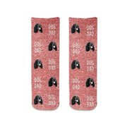 Super cute photo face socks for a dog dad digitally printed on cotton crew socks personalized with your dog's photo on a red granular background.