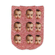 Funny photo face socks custom printed on red granular background and personalized using your own photo faces cropped in and printed all over the top of the cotton no show footie socks make a unique gift idea.