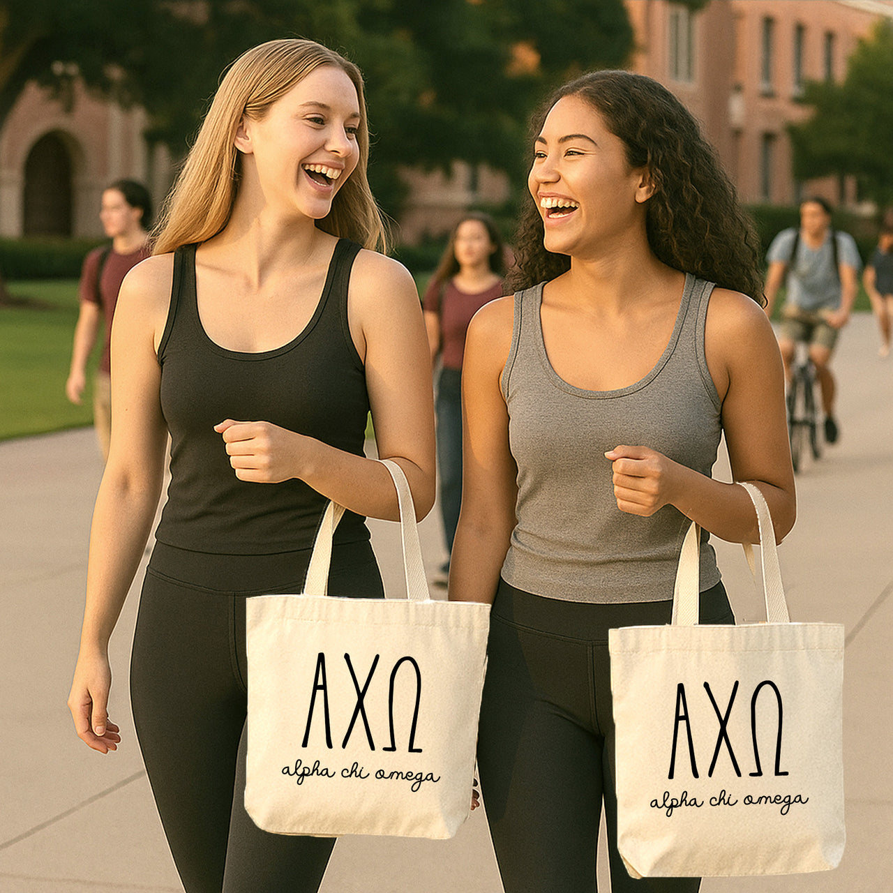 College student carrying an Alpha Chi Omega small canvas tote bag with striped Greek letters