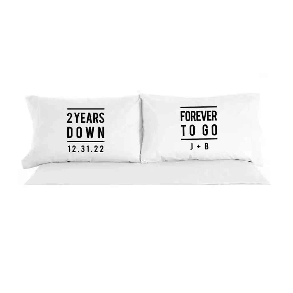 Two year anniversary custom printed pillowcase set with your wedding date and initials.