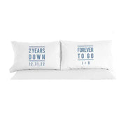2nd anniversary custom printed pillowcase set with your wedding date and initials in blue ink