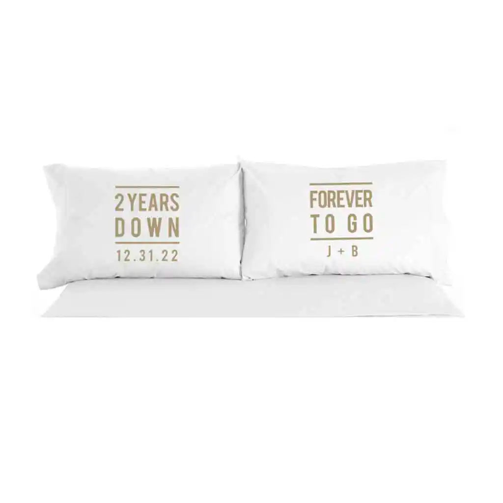 2 year anniversary custom printed pillowcase set for him and her with a wedding date and initials.