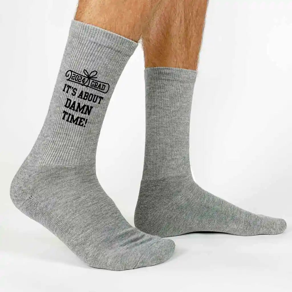 ITS ABOUT DAMN TIME class of 2024 digitally printed on cotton crew socks makes a great gift for the college or high school senior.