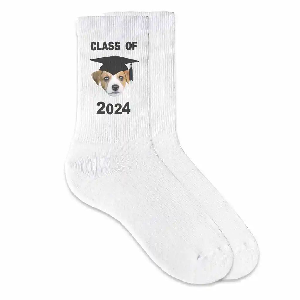 Class of 2024 graduation gift socks digitally printed with your photo and graduation cap design on white cotton crew socks.