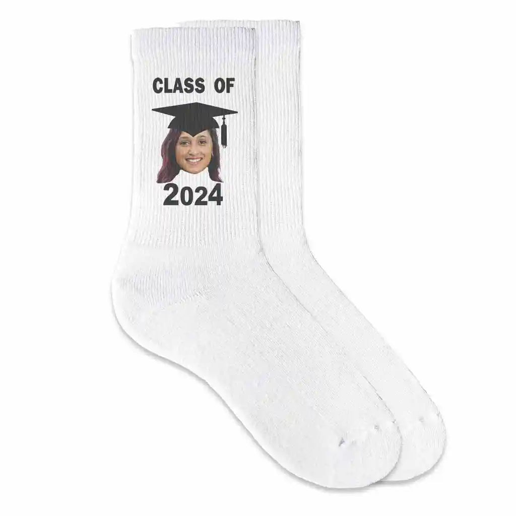 Class of 2024 photo socks custom printed and cropped with a graduation cap and class of 2023 design on white cotton crew socks makes a great gift for any graduating senior.