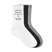 Thumnail images of 3 color options for personalized 2nd anniversary crew socks