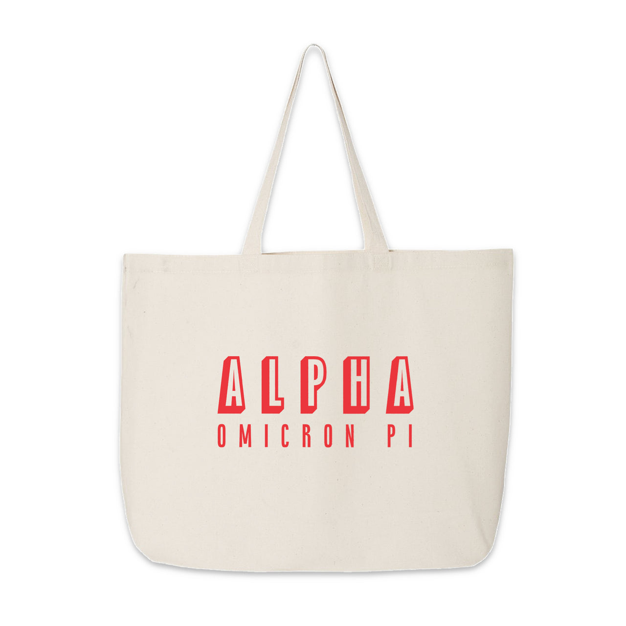 Alpha Omicron Pi sorority tote bag featuring dimensional text design, displayed against white.
