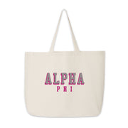 Alpha Phi canvas tote with standout 3D lettering, shown on a plain white background.