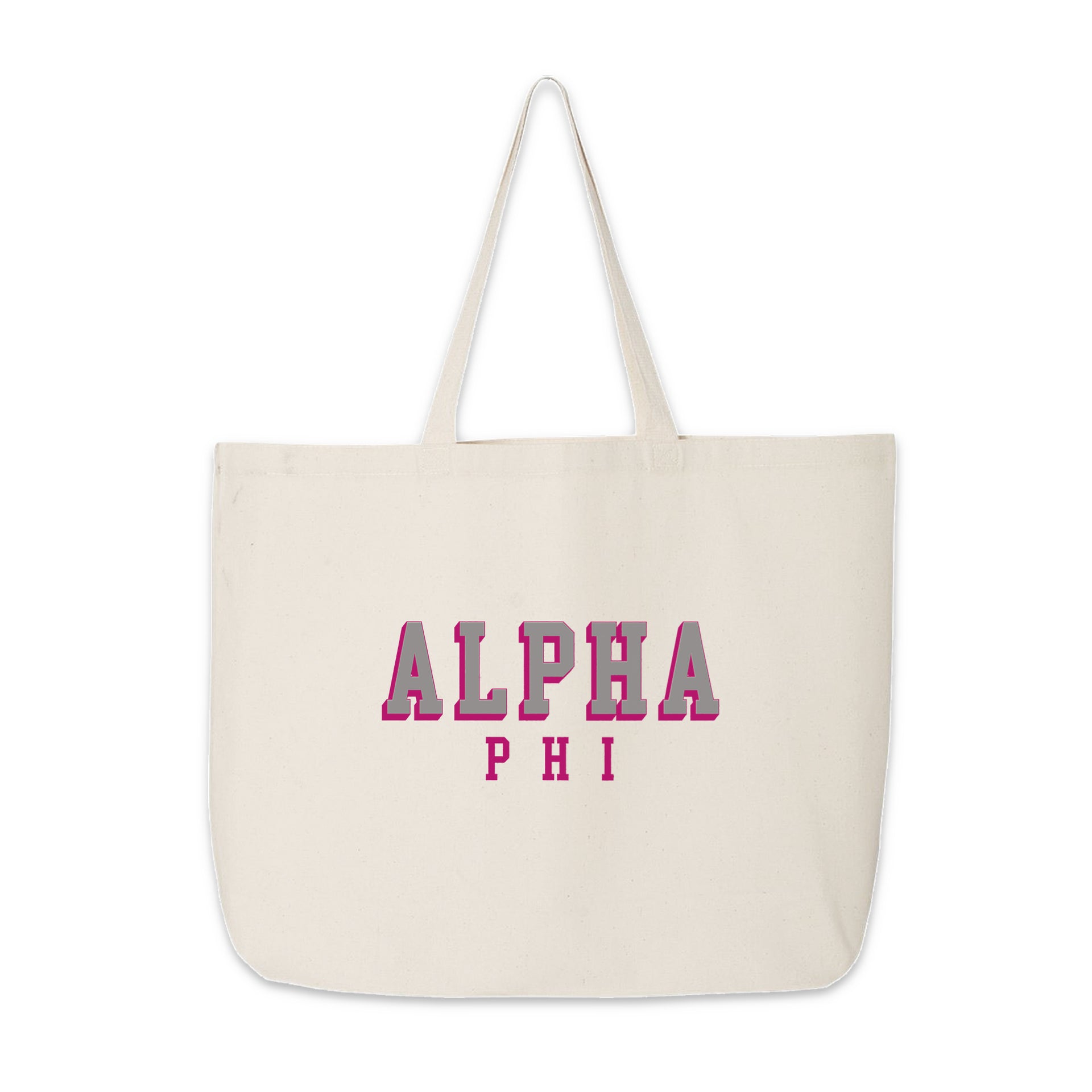Alpha Phi canvas tote with standout 3D lettering, shown on a plain white background.