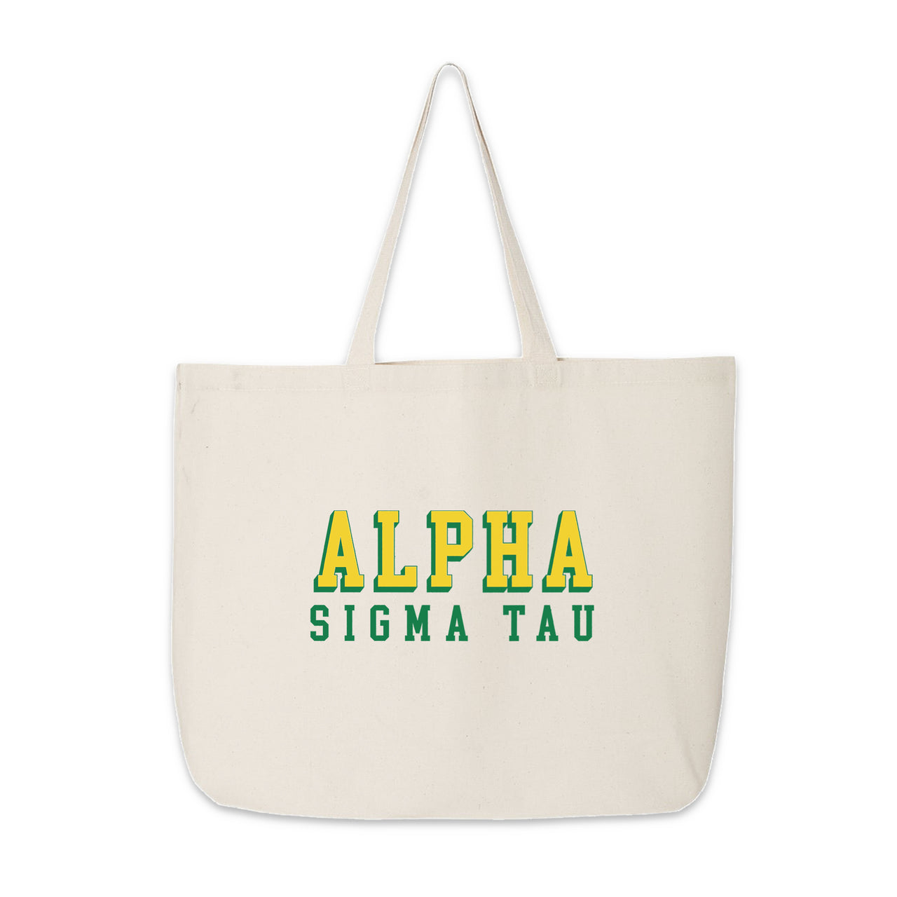 Alpha Sigma Tau sorority tote with bold, layered Greek letters, featured on a white backdrop.