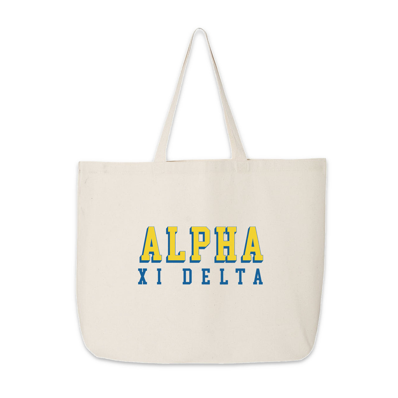 Alpha Xi Delta 3D name tote bag on cotton canvas, laid out on a white background.