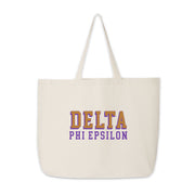 Delta Phi Epsilon tote with standout 3D sorority name, shown flat on a clean white background.
