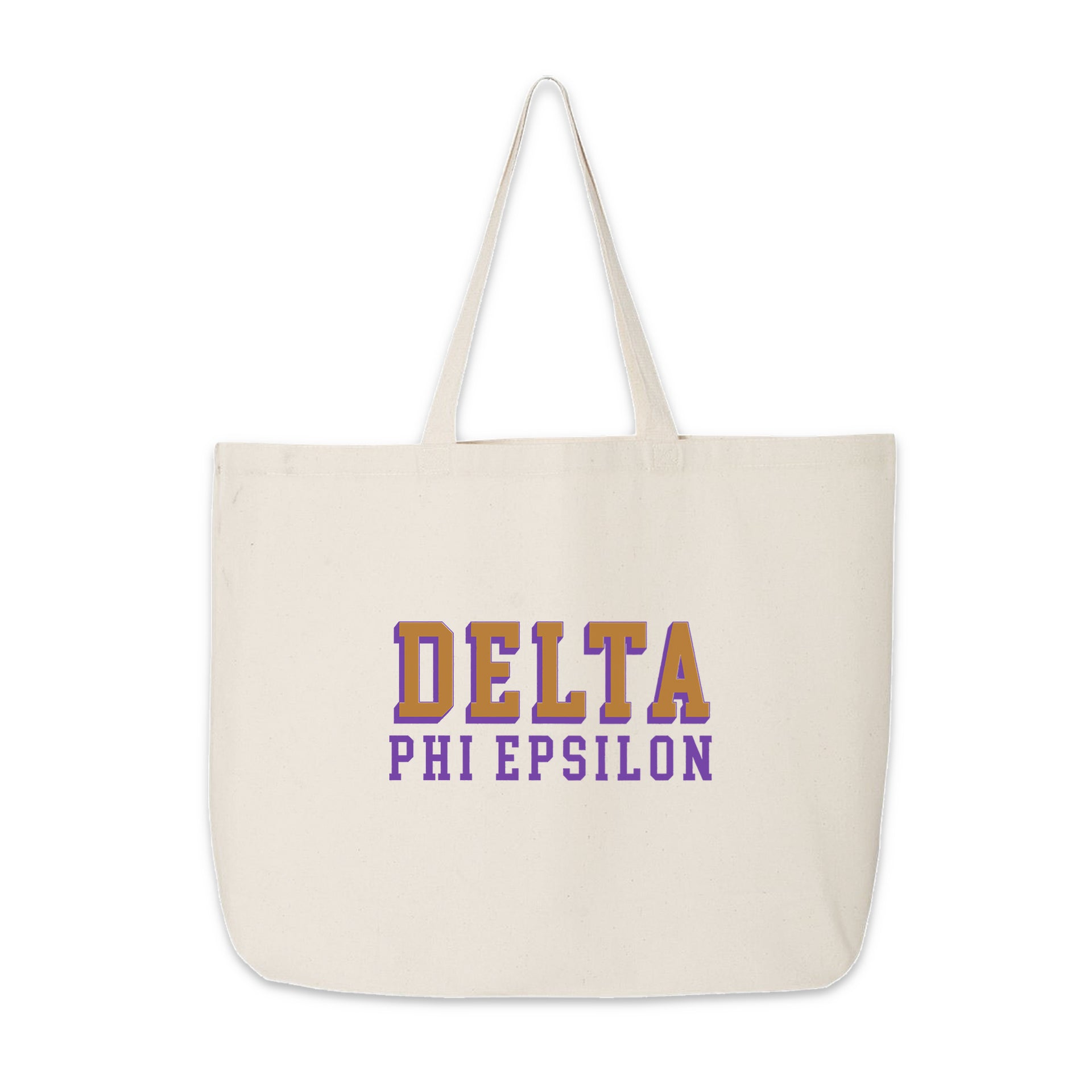 Delta Phi Epsilon tote with standout 3D sorority name, shown flat on a clean white background.