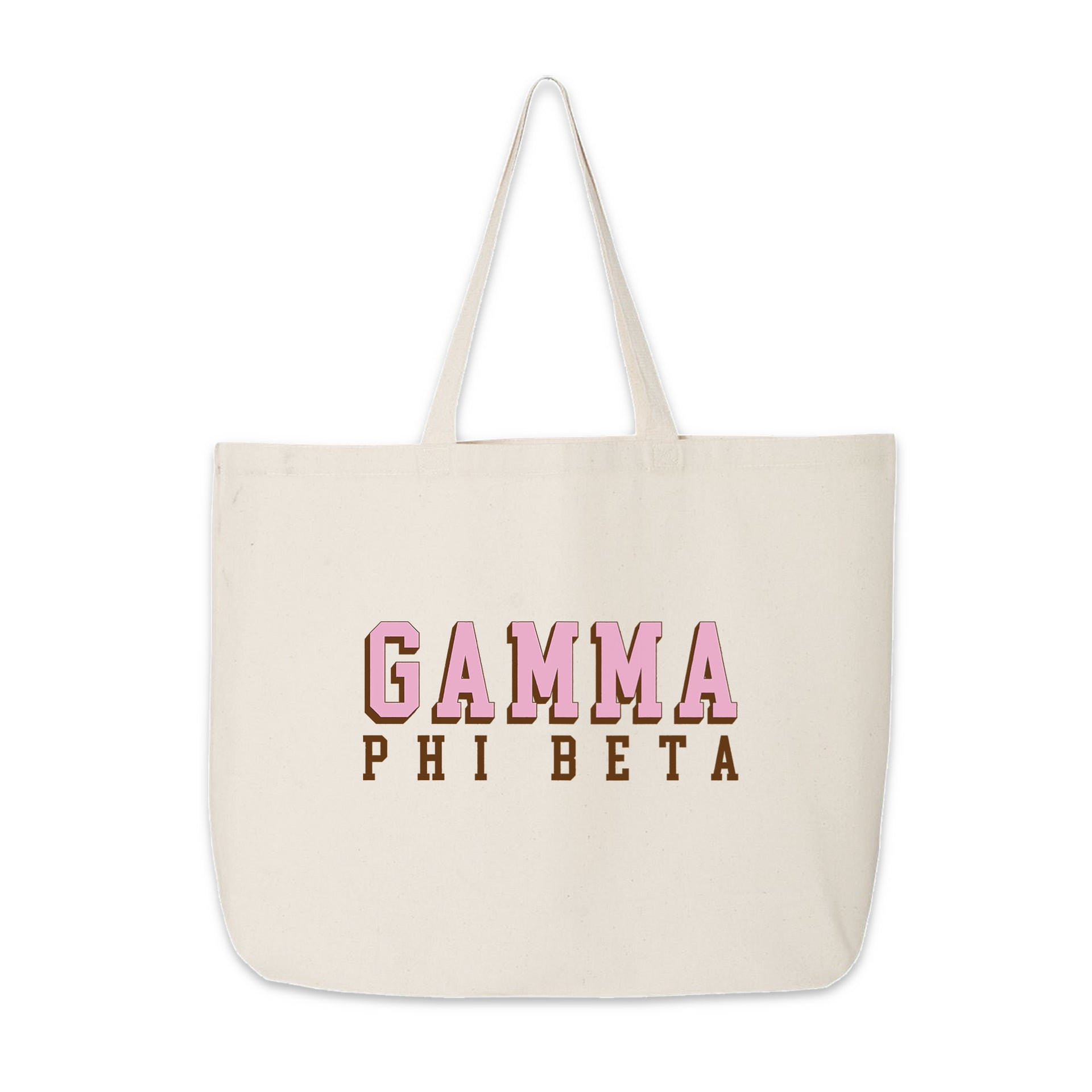Gamma Phi Beta tote bag with bold 3D letters on a neutral cotton bag, shown on white.