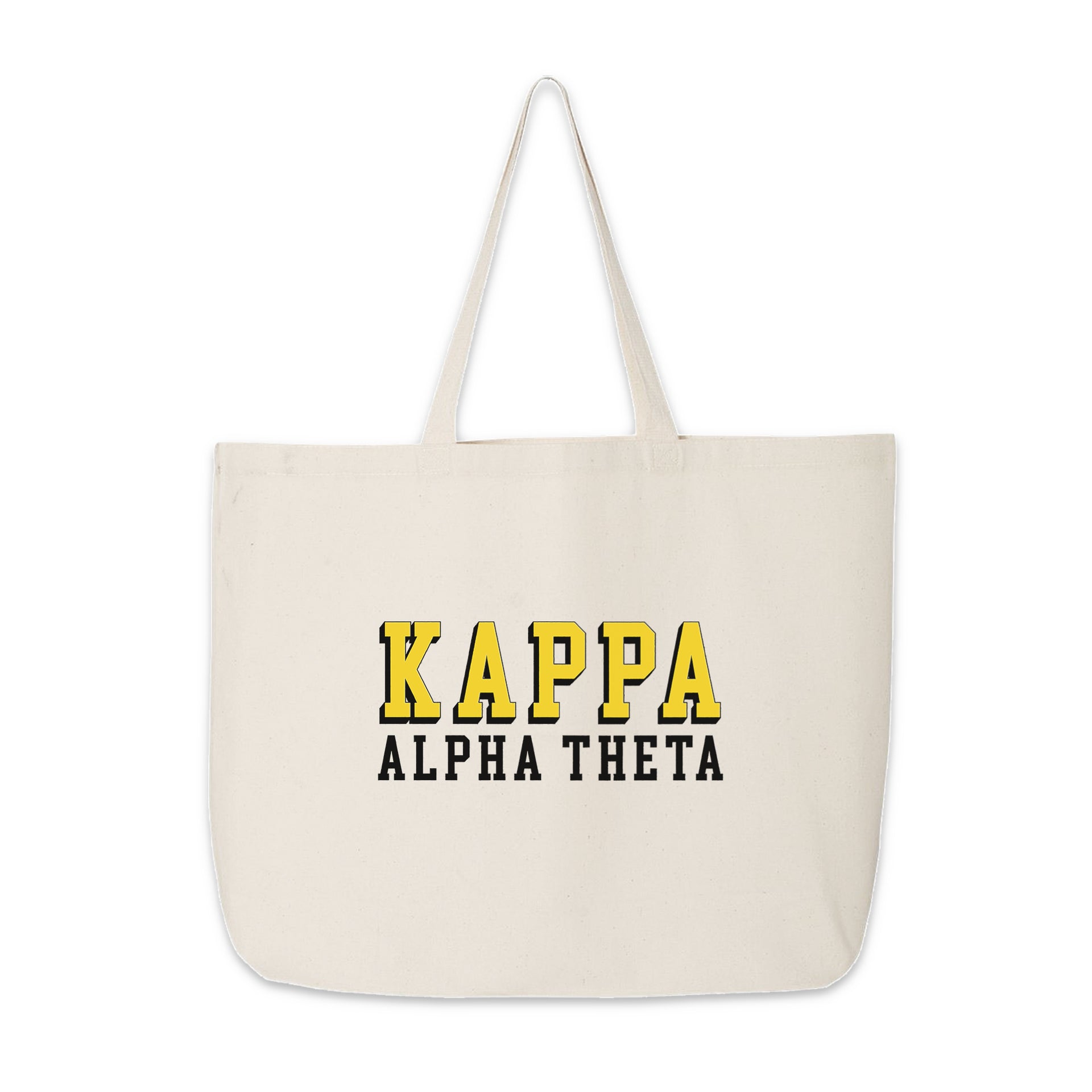 Kappa Alpha Theta tote with sorority name in 3D style, displayed against a white backdrop.