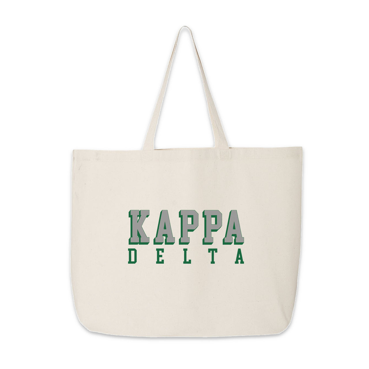 Kappa Delta cotton tote bag featuring layered 3D sorority text on a white background.