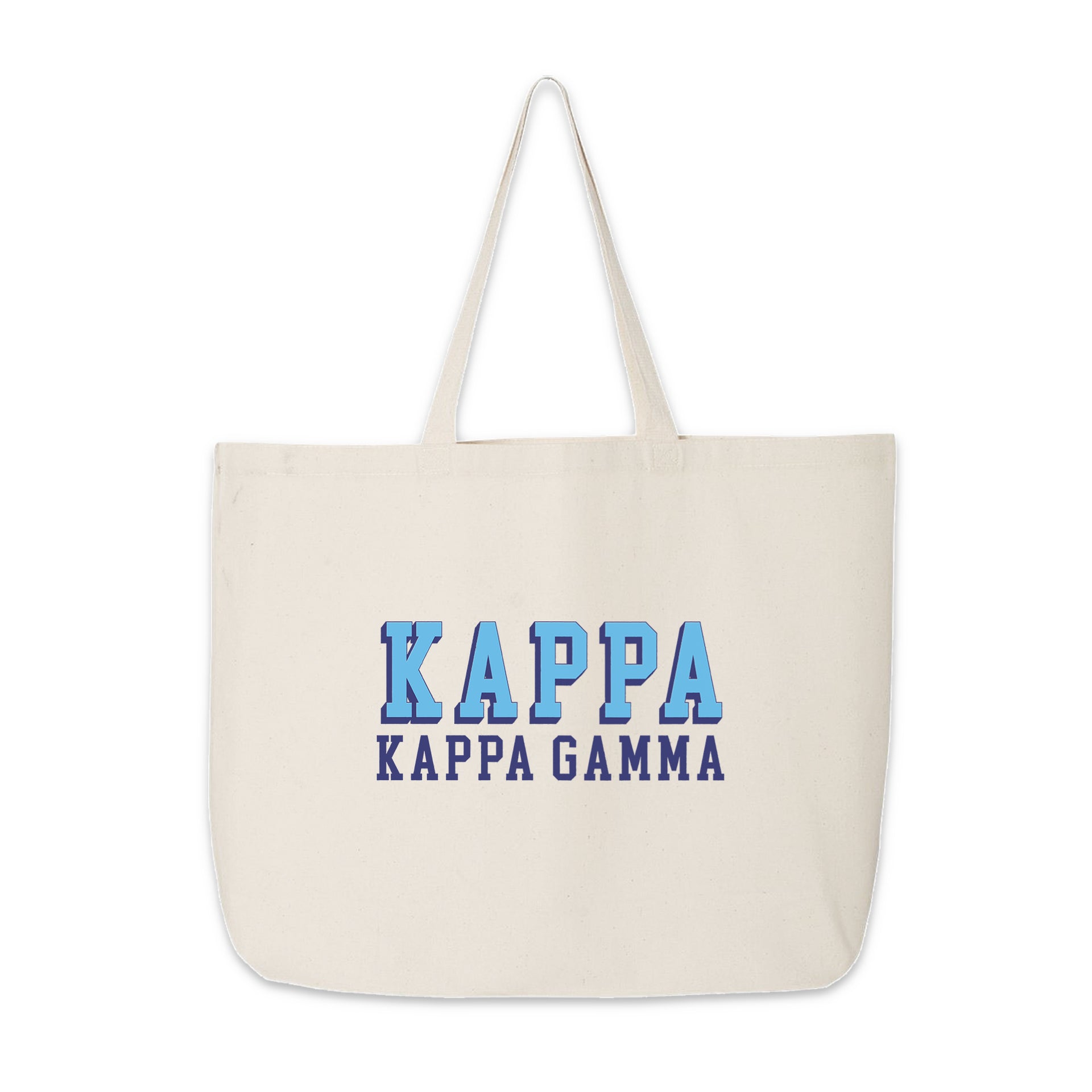 Kappa Kappa Gamma tote bag with standout 3D lettering on natural canvas, photographed on white.