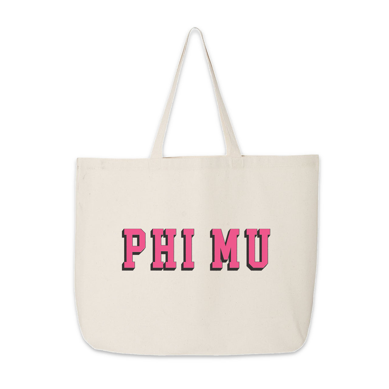 Phi Mu sorority tote with 3D-style name printed across the front, laid flat on a white background.
