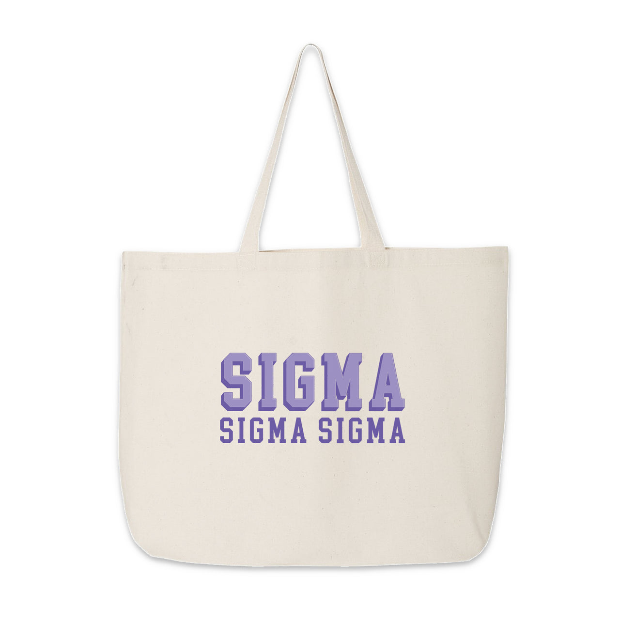 Sigma Sigma Sigma sorority tote in canvas with raised-style lettering, set against white.