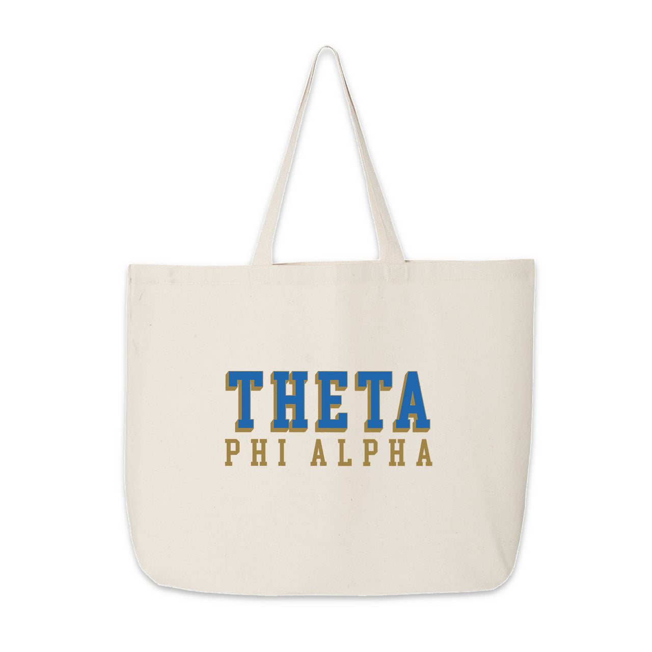 Theta Phi Alpha tote bag with bold 3D printed sorority name, displayed on a white backdrop.