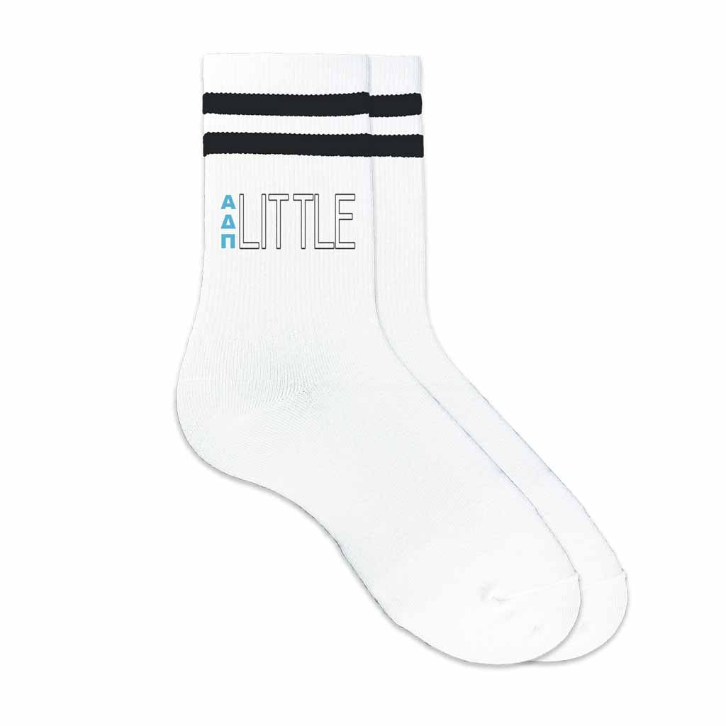 ADP Greek letters digitally printed with Big or Little design on cotton striped crew socks.