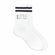 DDD Greek letters Big or Little design printed on black striped cotton crew socks.