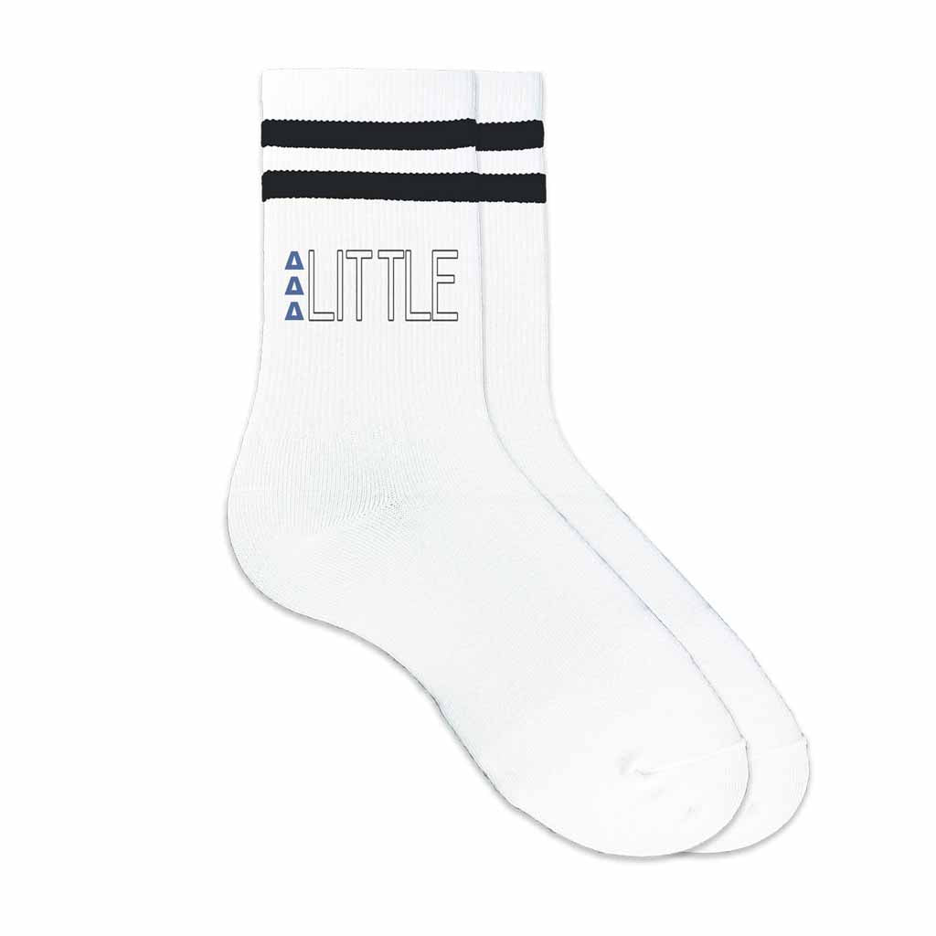 DDD Greek letters Big or Little design printed on black striped cotton crew socks.