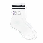 DPE Greek letters Big or Little design digitally printed on comfy black striped cotton crew socks.