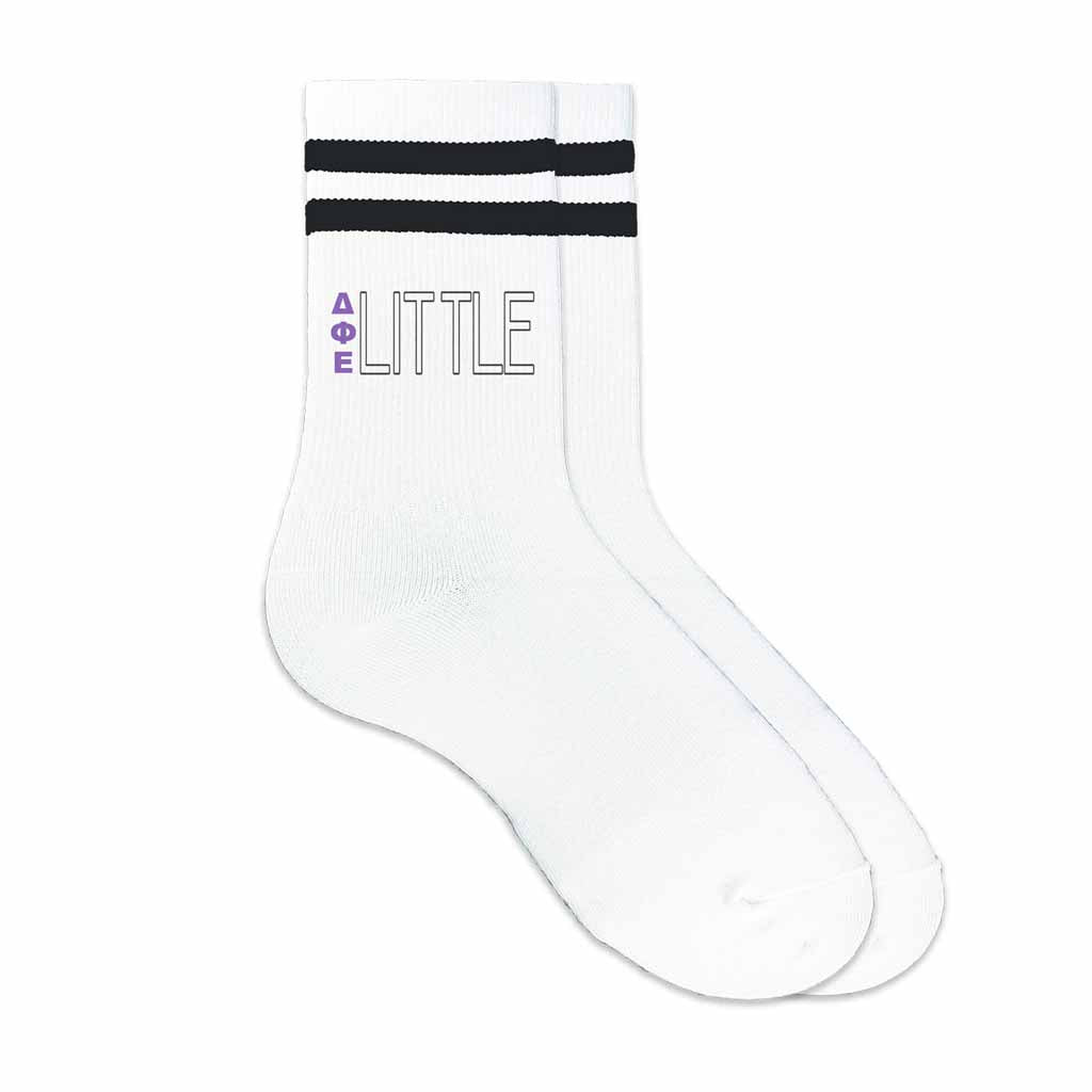 Delta Pi Epsilon sorority socks for your big or little printed with Greek letters on Striped cotton crew socks.