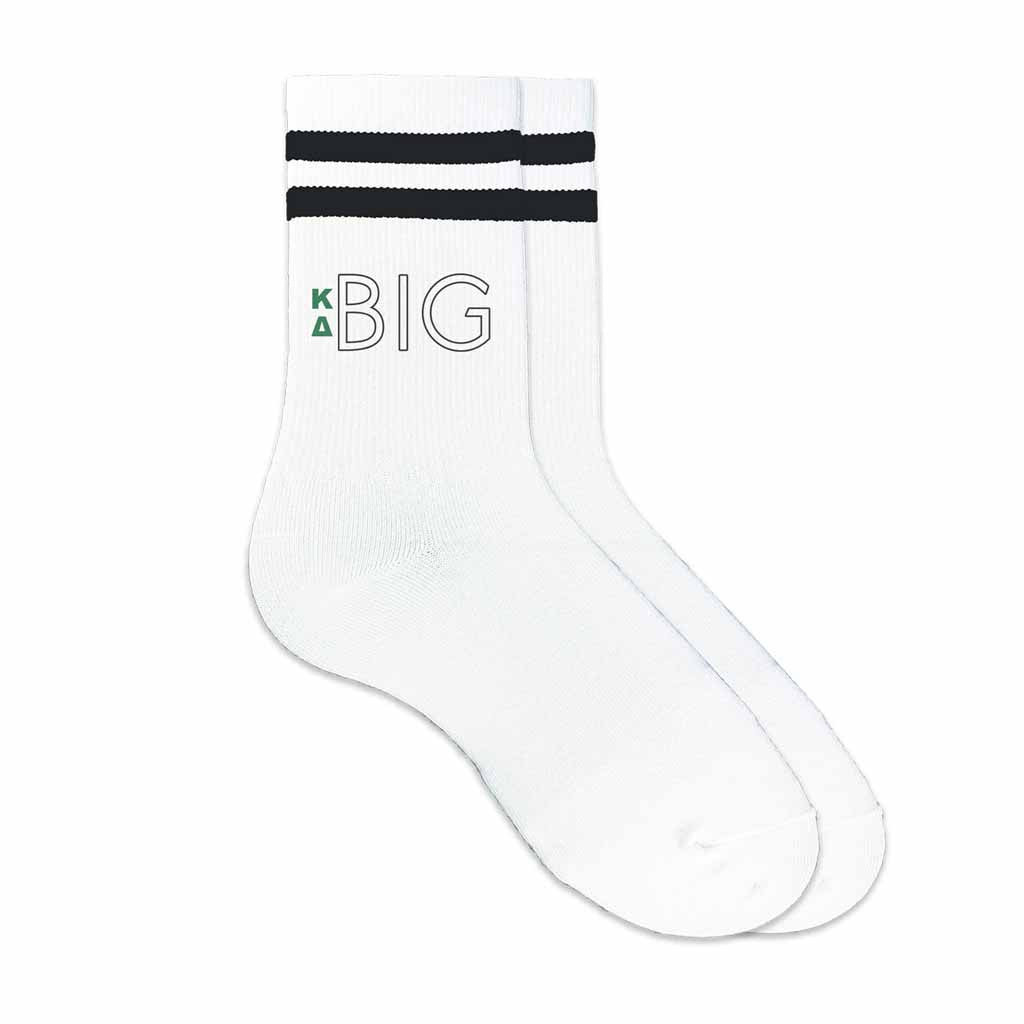 Kappa Delta sorority socks for your big or little printed with Greek letters on black striped crew socks is the perfect gift for your sorority sister.