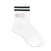 Phi Mu Greek letters big or little design digitally printed on comfy black striped cotton crew socks.