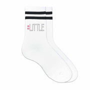 Phi Mu sorority socks for your big or little with Greek letters printed on striped cotton crew socks.