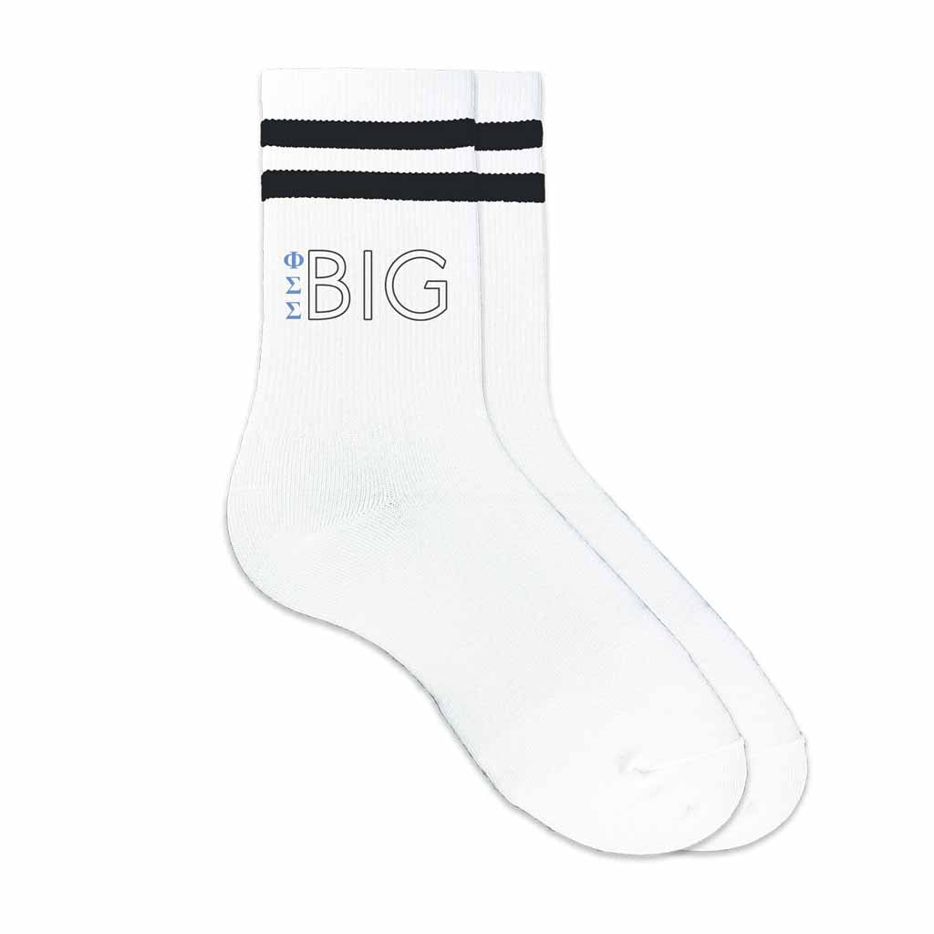 Phi Sigma Sigma sorority socks for your big or little printed with Greek letters on striped cotton crew socks.