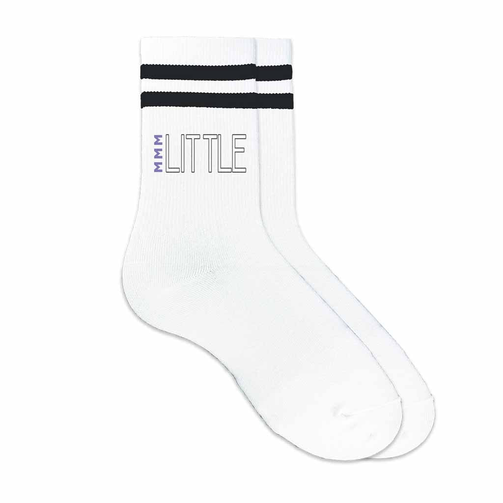 Sigma Sigma Sigma sorority socks with greek letters and big or little design printed on the striped cotton crew socks.