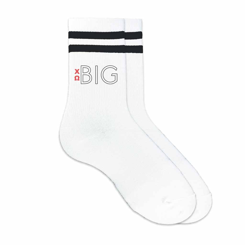 Chi Omega sorority socks for your big or little digitally printed with XO Greek letters on black striped cotton crew socks.