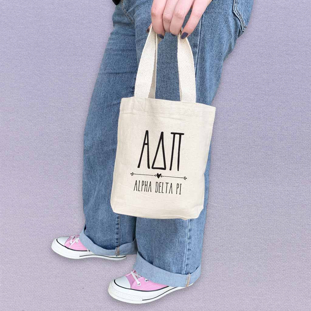 Alpha Delta Pi sorority name boho design digitally printed on the perfect mini size natural canvas tote bag.
