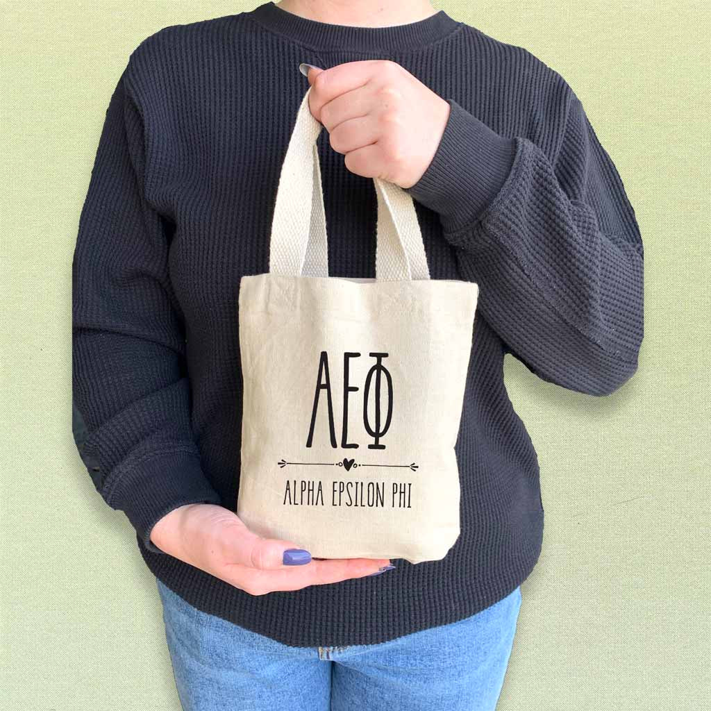 Alpha Epsilon Phi sorority name boho design digitally printed on the perfect mini size natural canvas tote bag.