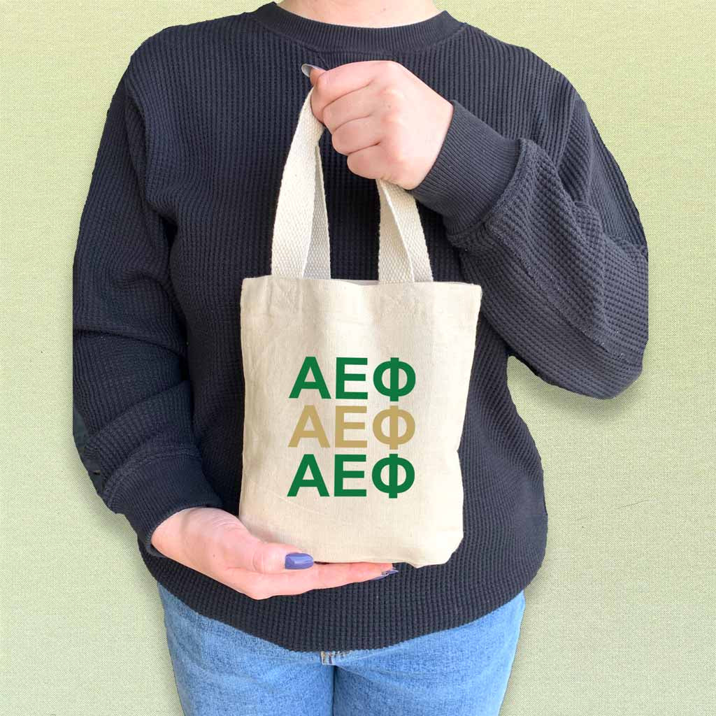 AE Phi sorority letters in sorority colors digitally printed on the perfect mini size natural canvas tote bag.
