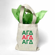 Sorority letters printed in sorority colors on mini natural canvas tote bag makes the perfect gift for your sorority sisters.