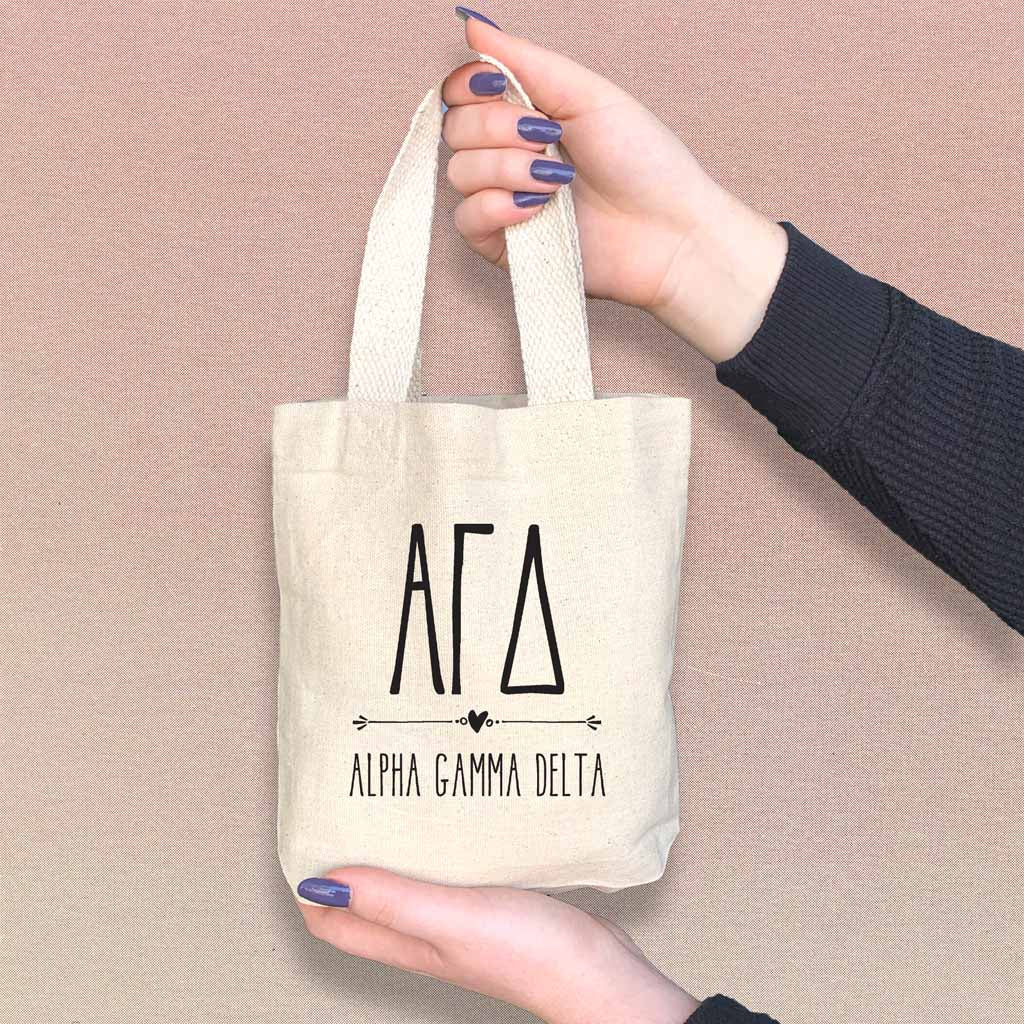 Alpha Gamma Delta sorority name boho design digitally printed on the perfect mini size natural canvas tote bag