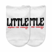 Fun Alpha Chi Omega no show socks custom printed for Bigs and Littles on white cotton no show socks.