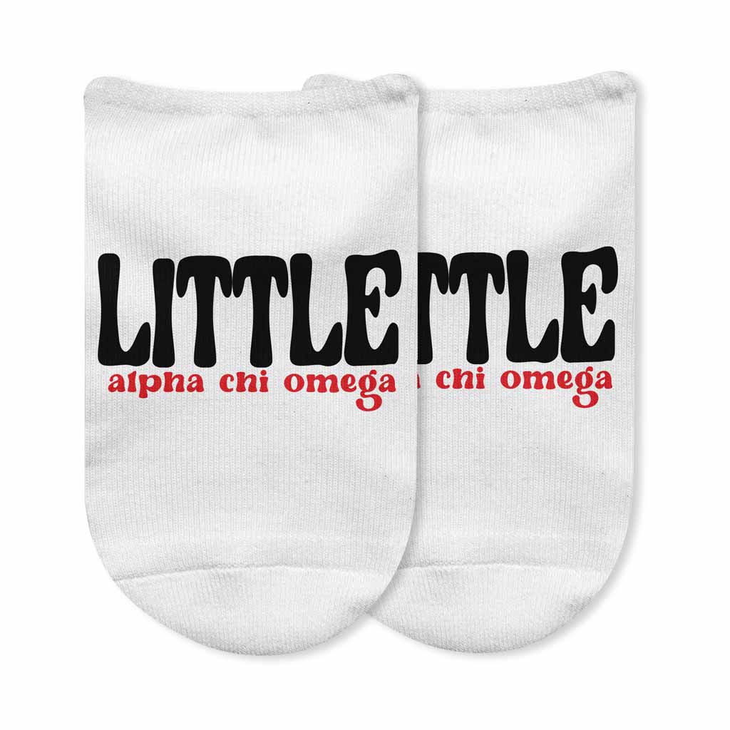 Fun Alpha Chi Omega no show socks custom printed for Bigs and Littles on white cotton no show socks.