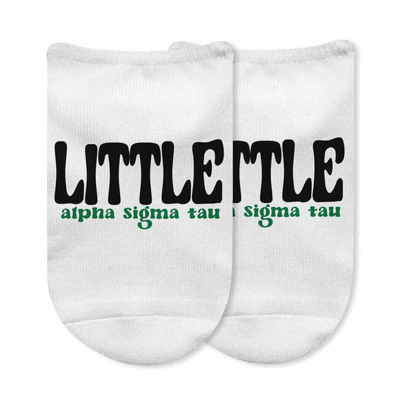 Alpha Sigma Tau sorority name digitally printed Big or Little design on the top of white cotton no show socks.